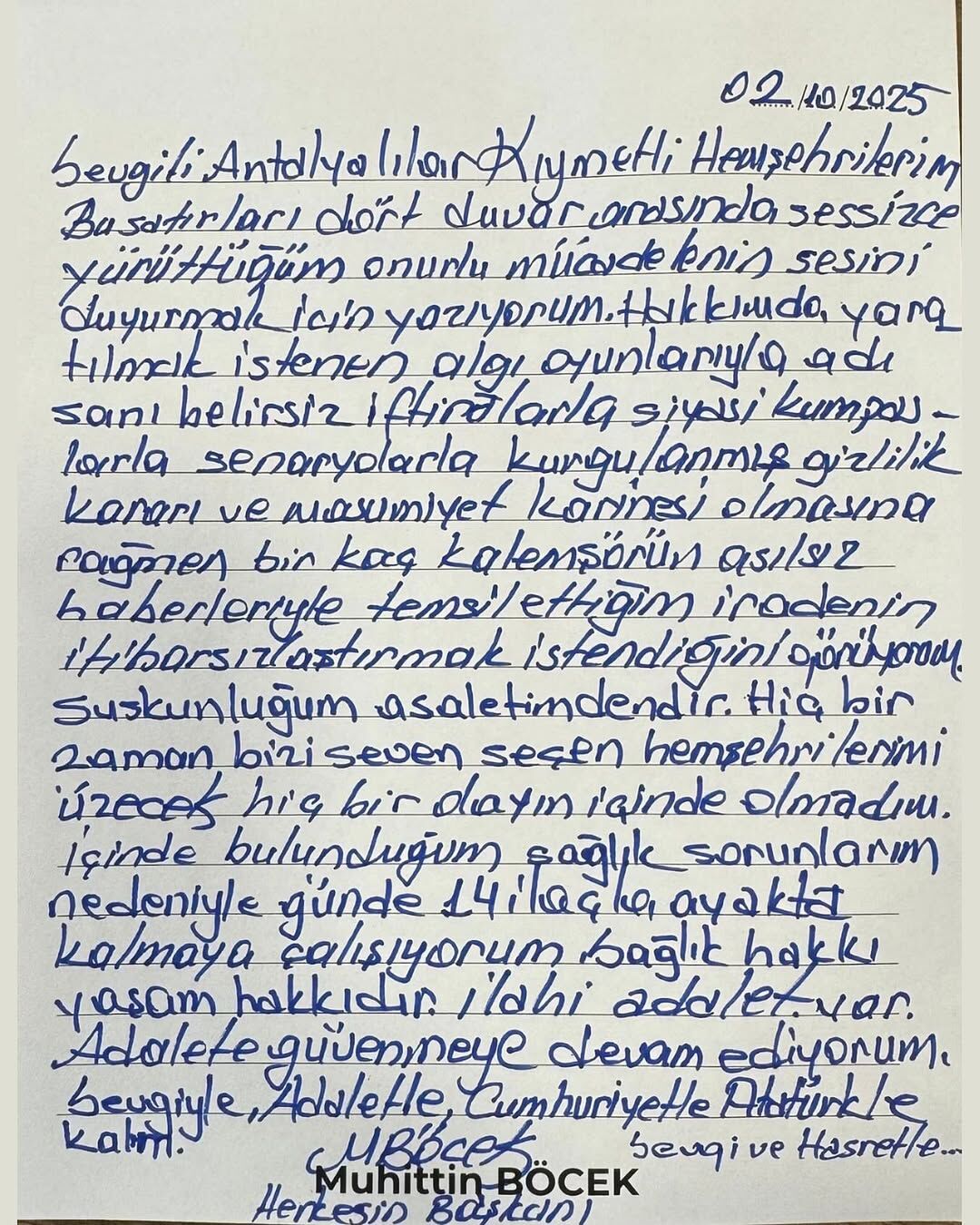 Sevgili Antalyalılar, Kıymetli Hemşehrilerim,Bu Satırları Dört Duvar Arasında Sessizce Yürüttüğü