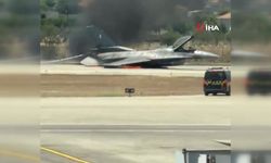 Acil iniş yapan F-16 savaş uçağı alev aldı