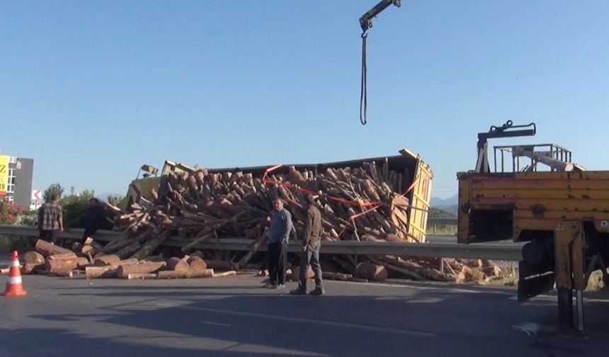 Manavgat'ta tomruk yüklü kamyon devrildi