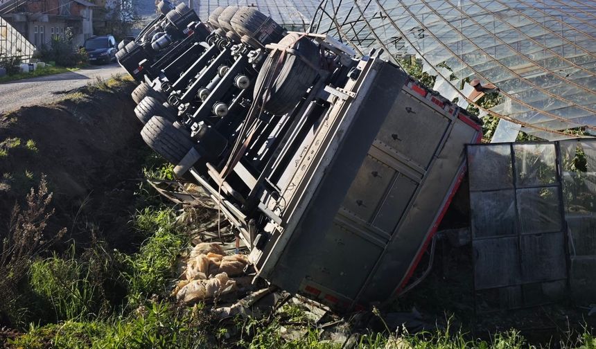 Devrilen kamyonun sürücüsü yaralandı