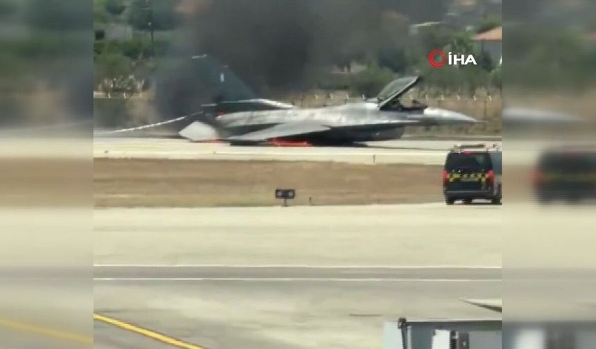 Acil iniş yapan F-16 savaş uçağı alev aldı