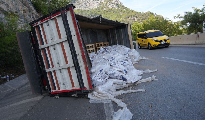 Bariyerlere çarpan kamyon devrildi